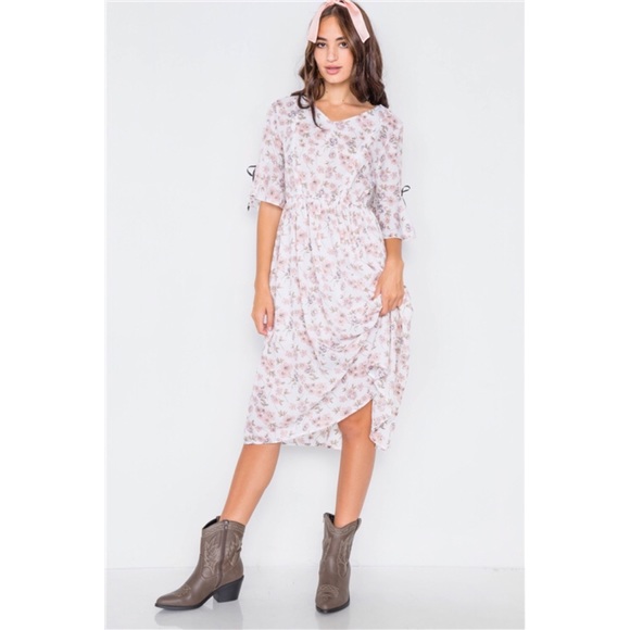 PINK & WHITE FLORAL FLOUNCE STRETCHY MIDI DRESS - Picture 5 of 6